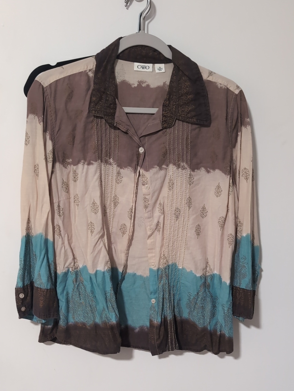 Cato Colorblock Button-Down Blouse in Brown, Cream & Teal